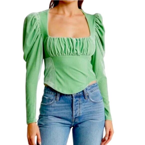 Free People Hold Me Green Velvet Puff Sleeve Square Neck Top Women's Small - Picture 1 of 12